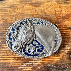 Horse Head Detailed Enamel Pewter Belt Buckle 1990 C&J VINTAGE UNIQUE Rare